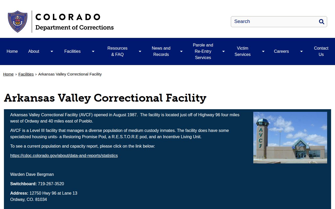 Arkansas Valley Correctional Facility release search CDOC page