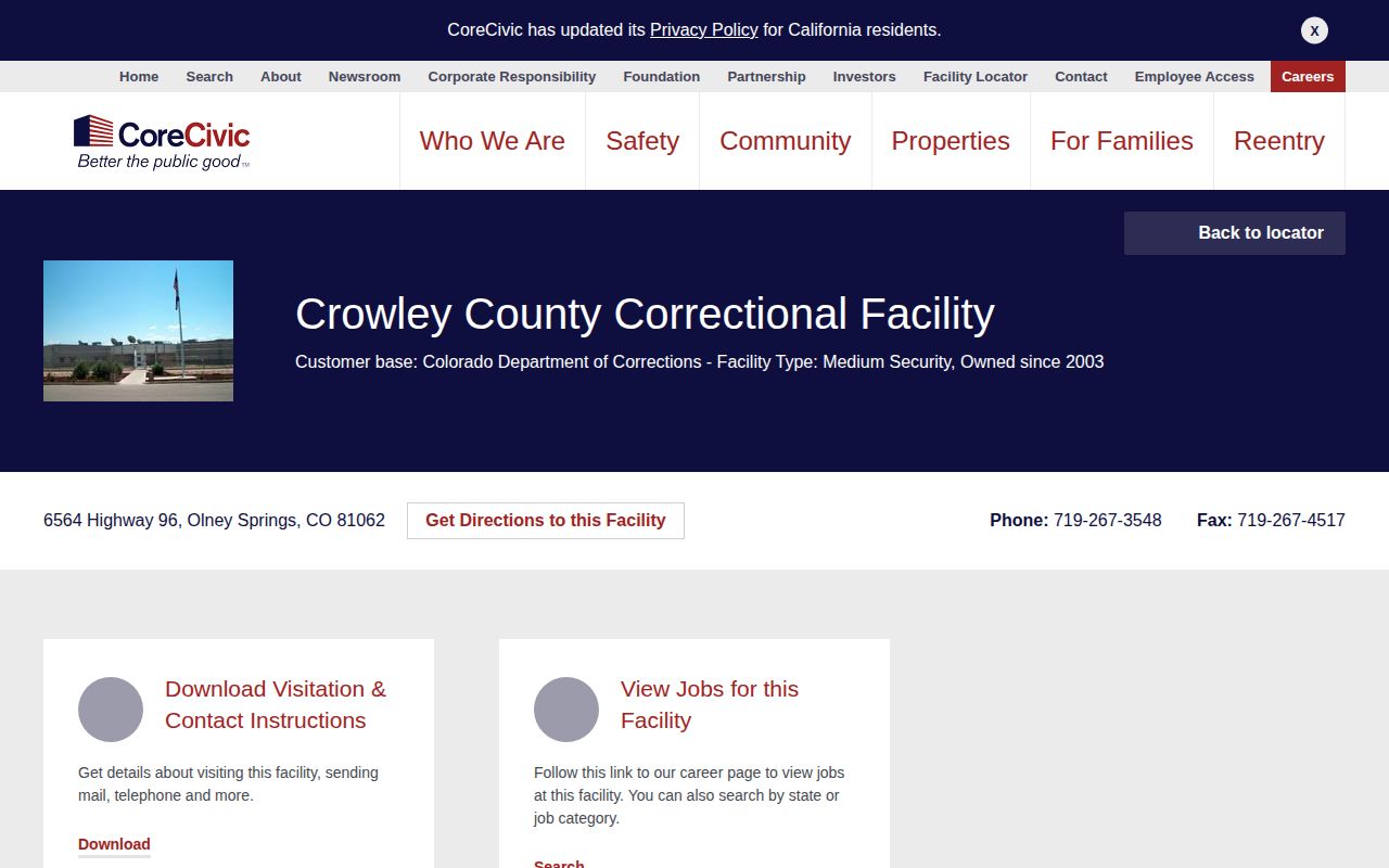 Crowley County Correctional Facility CoreCivic release contact page