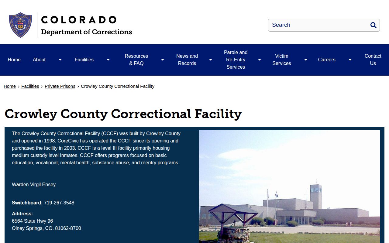 Crowley County Correctional Facility release lookup CDOC page