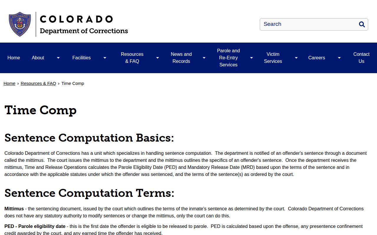 Crowley County projected release date CDOC Time Comp PED and MRD source