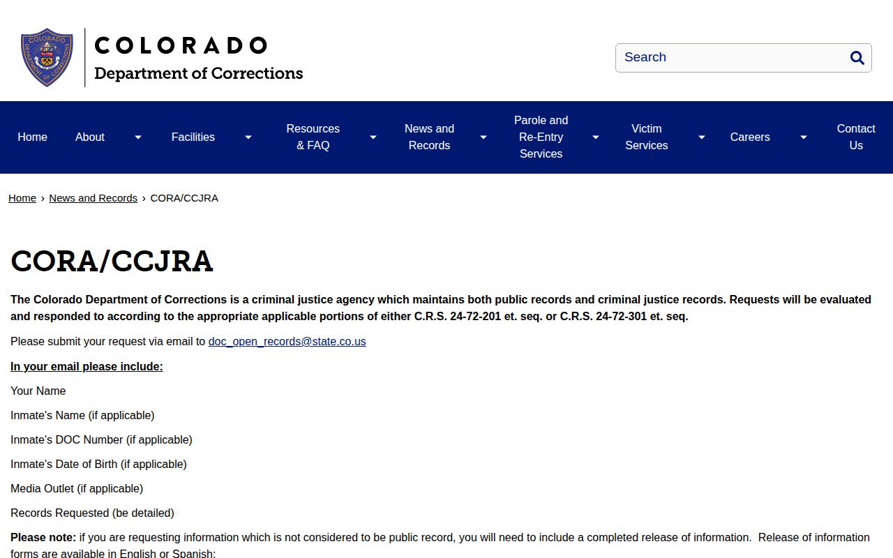 CDOC CORA and CCJRA records request instructions for criminal justice records